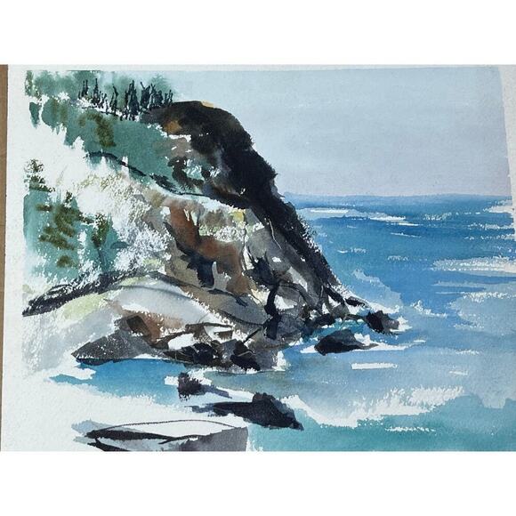 Beautiful Vintage Water Color Painting art. Cliffs,Water, Woods. Nature. signed - Picture 3 of 9